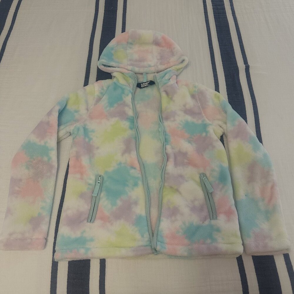 Lands' End Girls Fleece Hoodie Full Zip Jacket: Large 10/12, Pastel Color Splash